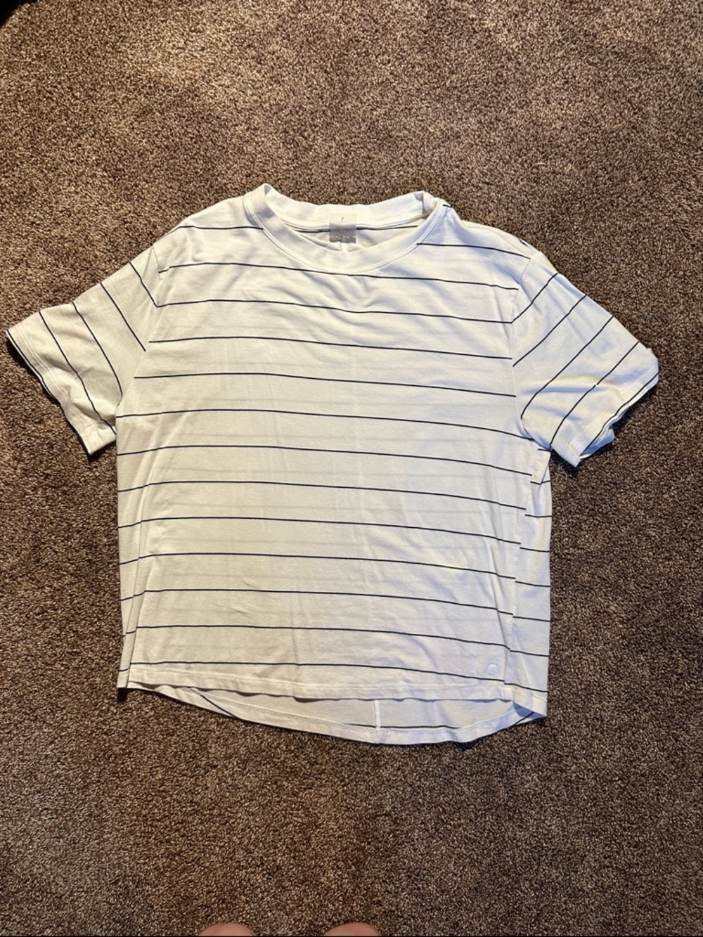 White Short-Sleeve Tee with Thin Black Stripes - L